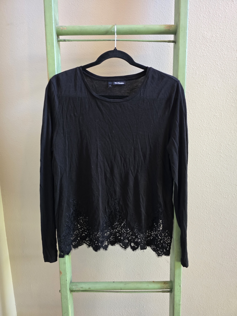 The Kooples Black Long Sleeve Lace Hem Top, Sz L